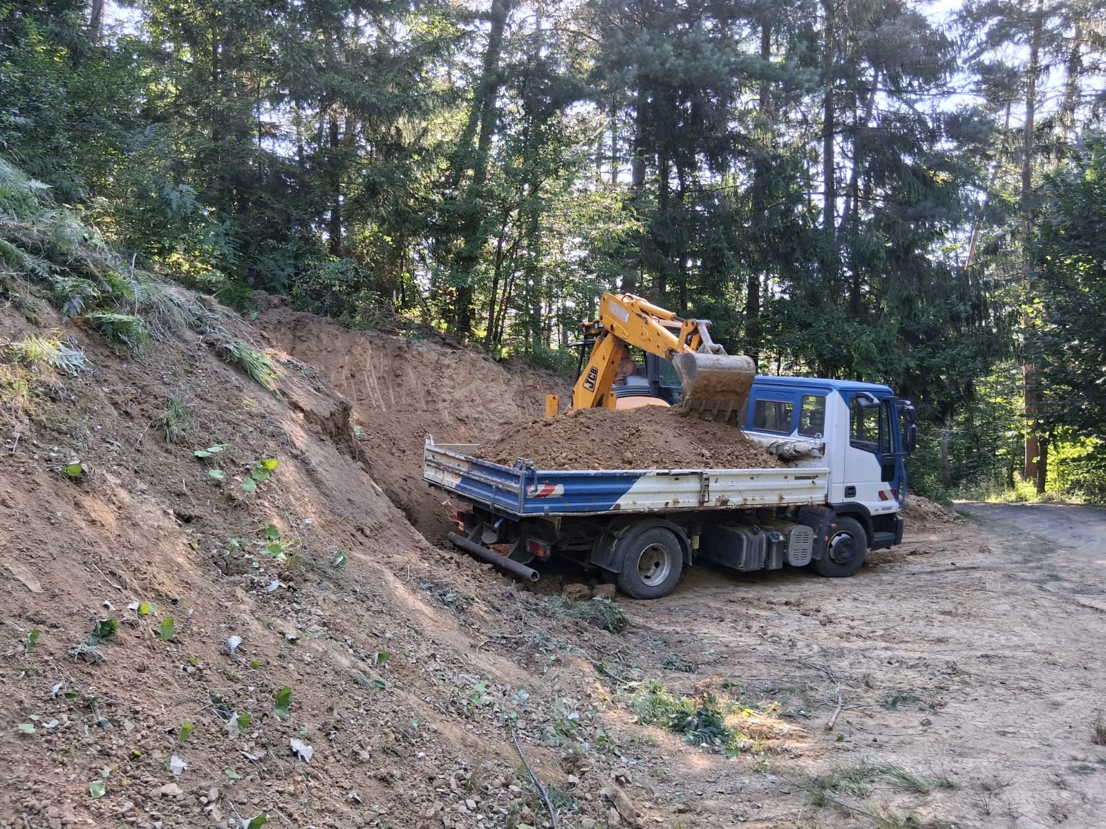 Camion basculabil încărcat cu pământ pe un drum forestier